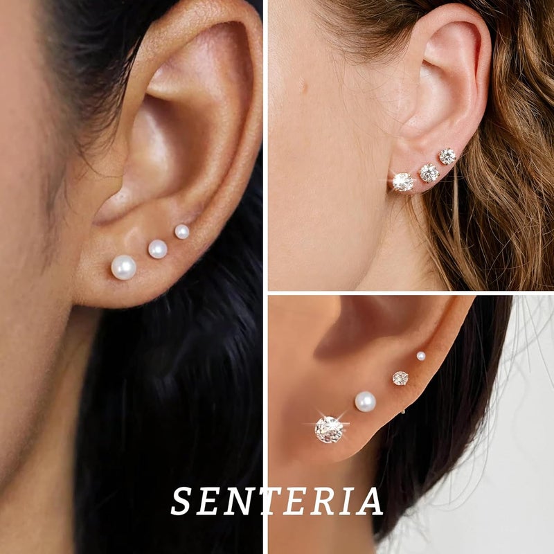 Senteria 925 Sterling Silver Pearl Earrings Studs Set Hypoallergenic Small Stud Earrings Lightweight Shiny Earrings Studs for Women 6 Pairs 3-10MM - Image 3